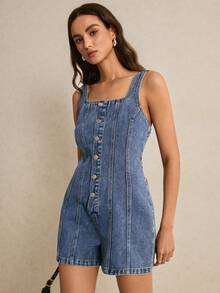 Quần yếm và áo liền quần denim dáng ôm thoải mái dành cho nữ - Rửa tối - Xem 6