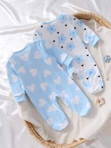 2-Pack Newborn Pajamas&Loungewear Set,Cute Blue Floral&Heart Print,Spring Summer Autumn,Black And White,Soft Skin-Friendly Fabric Button Lounge Wear - Blue - View 2