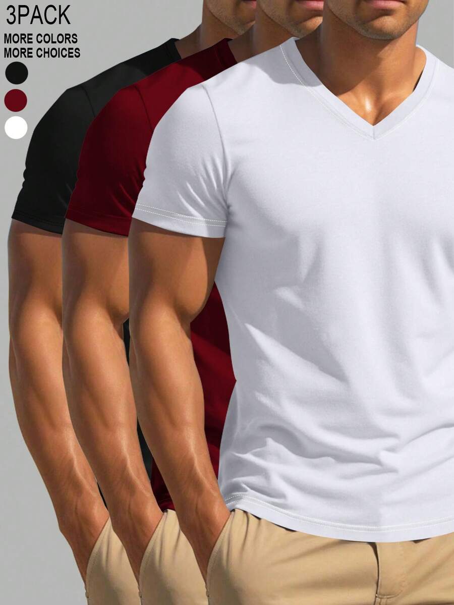 Manfinity Homme 3件套男士休闲纯色简约V领短袖T恤 假日款 - 彩色 - 查看 1