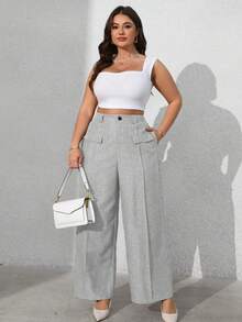 Vionelle 大码女式纯色前袋休闲西装裤，适合办公室穿着，商务休闲，夏季灰色阔腿裤 - 淺灰色 - 查看 6