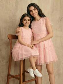 SHEIN Young Girl Gold Foil Contrast Mesh Cake Dress - Pink - View 4