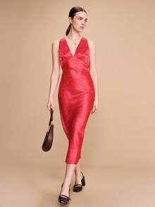 lacRébo Red Satin Jacquard Fitted Midi Dress With Plunge V Neckline Sleeveless,Elegant Silhouette French Style,Red Checkered,Summer,Elegant,Party - Red - View 4