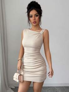 Arcane Artistry Beige,Summer,Elegant,Night Out Ribbed Asymmetrical Oblique Collar Sleeveless Ruched Bodycon Mini Dress For Ladies,Apricot Slim Fit Pleated Dress - Apricot - View 5