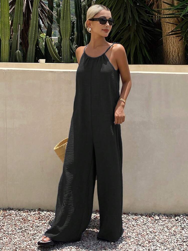 Tall Women's Summer Halter Tie-Up Loose Jumpsuit