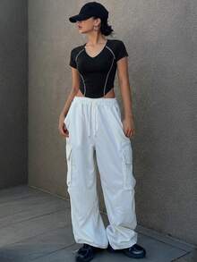 DAZY 女士半拉链立领短袖修身露脐休闲运动T恤 夏季 - 黑色 - 查看 4