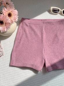 Comfortcana Women's Casual Solid Lotus Root Pink Ribbed Super Short Leggings, Summer - Dusty Pink - View 4