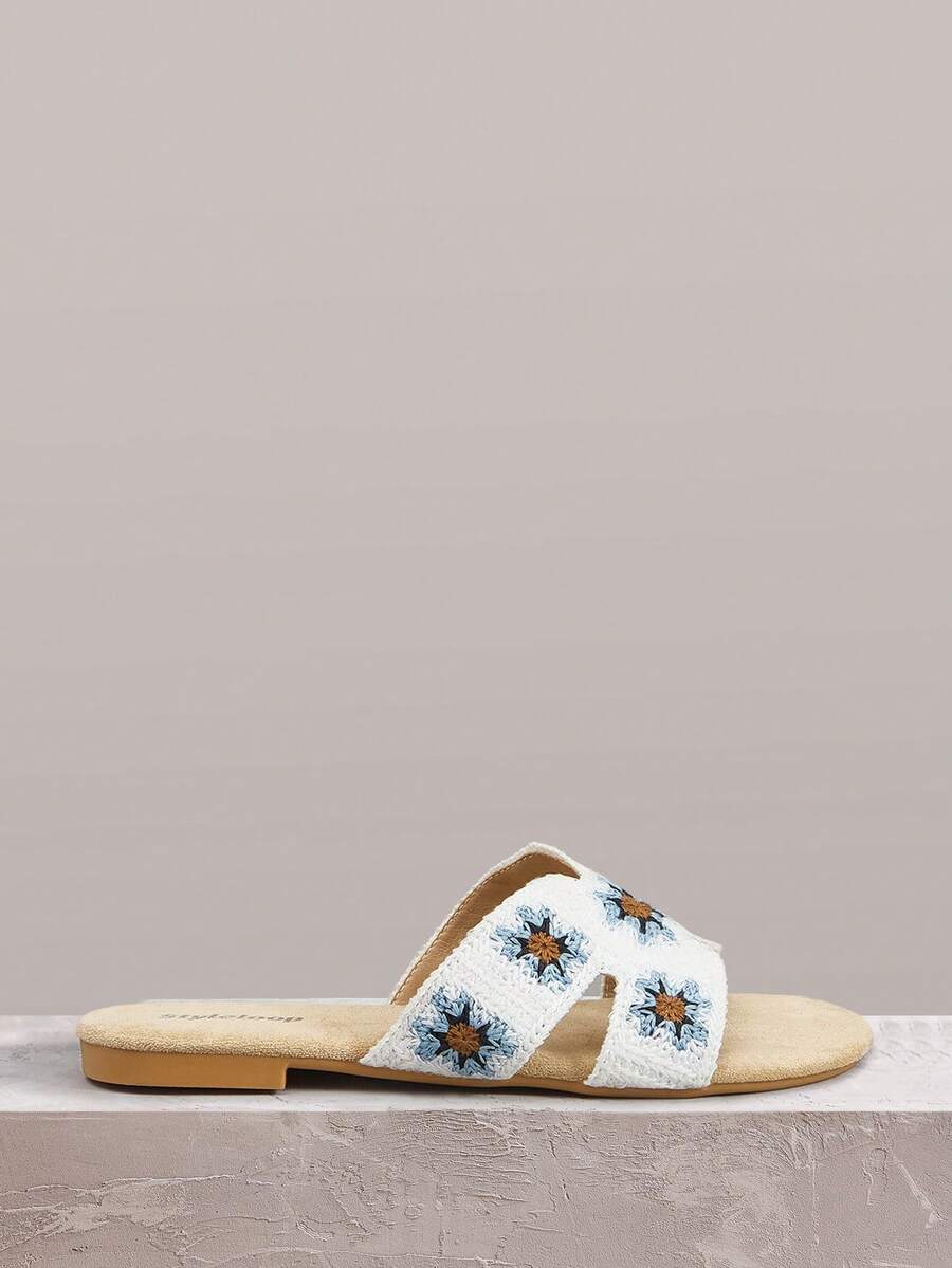 Styleloop 女士米色蓝绿色钩编拖鞋，清爽休闲舒适沙滩凉鞋 - 米色 - 查看 1