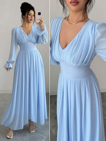 Elenzga Women's Elegant Chiffon V-Neck Ruffle Waist Swing Dress, Casual Romantic Vacation Outfit, Shallow Blue, Summer
