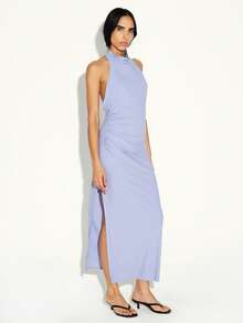 KSTM Cowl Neck Halter Backless Maxi Dress With Side Slit Bodycon Evening Formal Party Dress - Blue - View 2