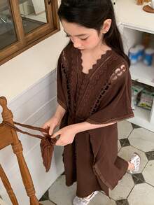 DAZY 少女拼接设计连衣裙，秋季款 - 棕色 - 查看 4