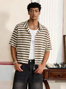 SWAVVY Men's Textured Striped Short Sleeve Shirt, Spring/Summer - Apricot - View 4