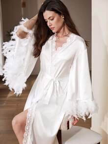 Elegant White Feather Robe, French Graceful Lace Robe, Mature Charming Ladies Sleepwear - White - View 6