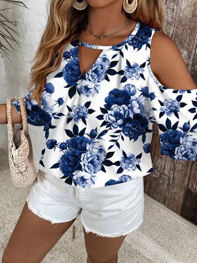 EMERY ROSE Plus Size Casual Floral Print Hollow Out Shirt