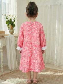 LMoss Kids 女婴春夏休闲蕾丝边碎花长袖连衣裙，粉色 - 彩色 - 查看 2