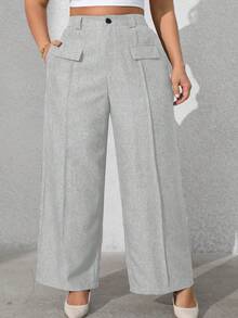 Vionelle 大码女式纯色前袋休闲西装裤，适合办公室穿着，商务休闲，夏季灰色阔腿裤 - 淺灰色 - 查看 5