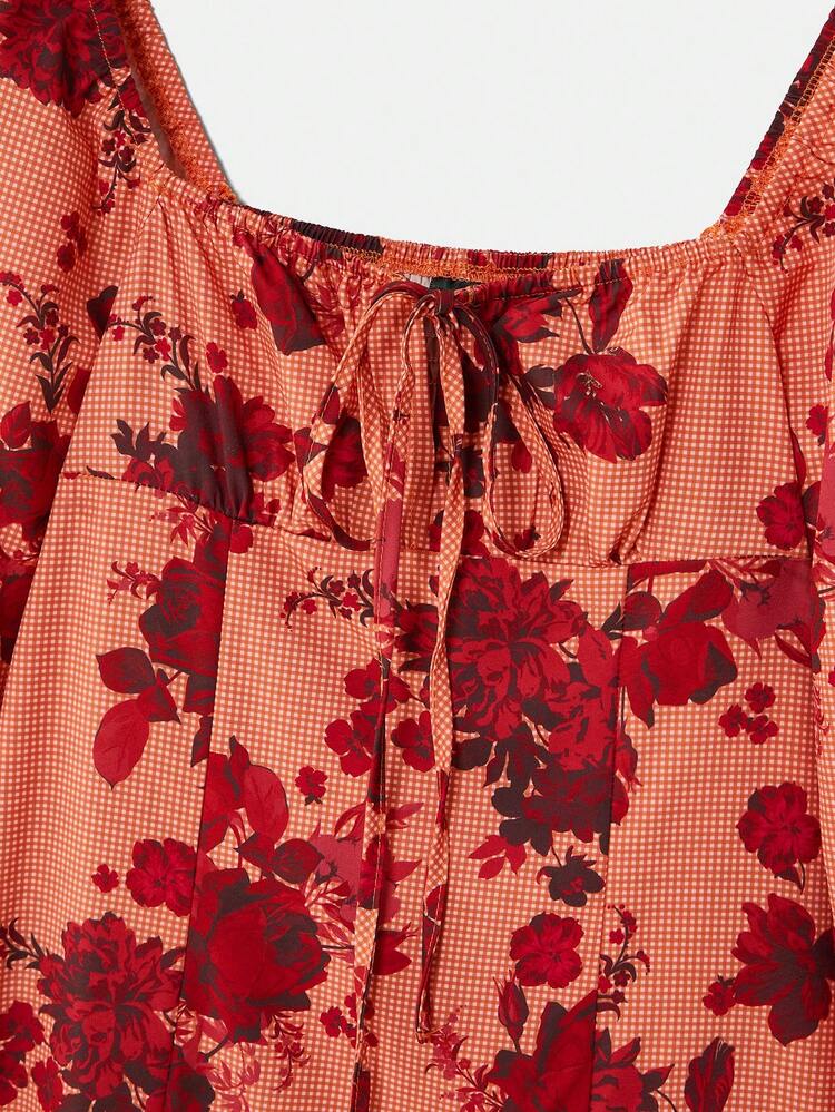 Red And Orange Floral Print Mini Dress With Long Sleeves And Tie-Front Neckline Spring Summer Style French Style Parisian Style Square Neck Dress Floral Dress Flower Dress For Women  Going Out Floral Blouse Square Neck Blouse Flower Blouses For Women