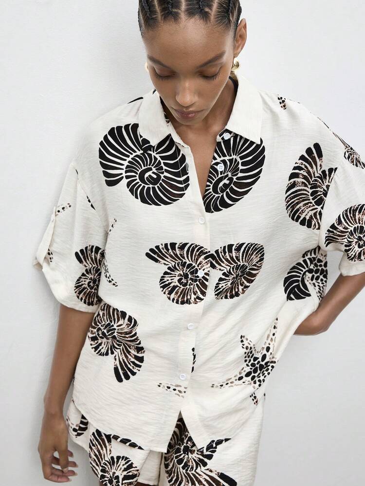 SHEIN Maija Women's Vacation Casual Seashell & Starfish Print Shirt And Shorts 2 Pieces Set  St Patrick's Day Women Easter Summer Outfits Easter Dress Women Party Top Beach Dress Summer Holiday Outfits Each Vacation Outfits For Women  Summer Outfit For Women Going Out Outfits Graduation Graduation Outfit  Casual Dresses  Casual Blouses For Women