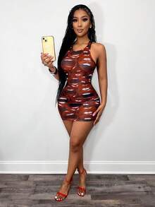 BamGleam Summer New Music Festival Street Sexy Sheer Lip Print Mini Skirt Dress For Women,Street Photography, Music Festival Parties - Multicolor - View 7