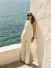 Lumivelle Women's Fashionable Striped Criss-Cross Halter Neck Sleeveless Top + High Waist Wide Leg Striped Pants 2 Pieces Set, Spring/Summer - White - View 2