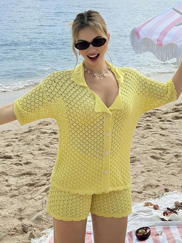 MainGRL Women's Solid Color Single-Breasted Knit Short Sleeve Top And Knit Shorts 2 Pieces Set, Suitable For Vacation, Casual, Beach