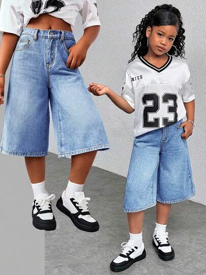 SHEIN Tween Girl Y2K Fashion Casual Versatile Streetwear Light Blue Retro Washed Denim Loose Baggy High Waist Bermuda Shorts Denim Baggy Long Short Wide Leg Jeans, Summer Beach Boho Vacation Concert Festival Casual Rave , Brunch Church Graduation, Streetwear Back To School Fall Winter