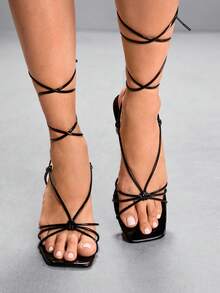 CUCCOO SZL 性感新款夏季金色交叉绑带时尚优雅女士高跟凉鞋，细带方头细高跟露趾凉鞋 - 黑色 - 查看 7