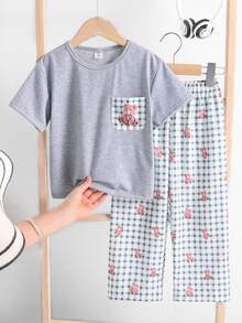 Set pigiama da ragazzo stile coreano casual, maglietta con taschino a quadri con stampa orsetto, pantaloni con stampa orsetti all-over - Verde Oliva - Visualizzare 6