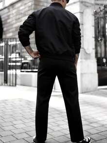 EGENSIO Men's Casual Zip-Up Baseball Jacket And Drawstring Waist Long Pants Set, Fashionable Daily Commute, Spring/Autumn - Black - View 2