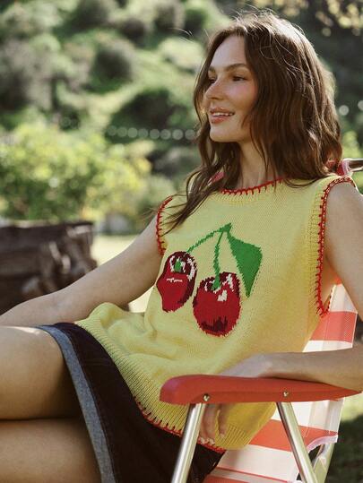 WESTFADE 圆领樱桃嵌花撞色针织无袖套头毛衣背心，春季、夏季、度假、休闲、可爱上衣，适合海滨、牛仔、波西米亚风、农贸市场、野餐、假期、海滩、节日、西部风、纳什维尔、牛仔竞技服、乡村音乐会等场合，奶油黄