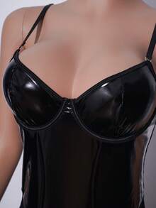 亮面漆皮与透视蕾丝拼接连体裤，性感显瘦，适合女性 - 黑色 - 查看 7