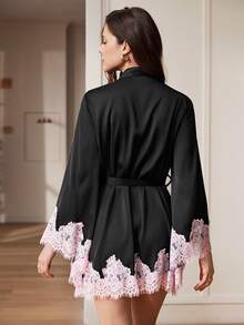 Moireta Women's Contrast Lace Flare Sleeve Elegant Robe - Black - View 2