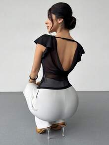 RiviMae Áo thun nữ thanh lịch, hở lưng, thiết kế lưới xuyên thấu, gợi cảm, duyên dáng, thích hợp cho mùa hè. - màu đen - Xem 5