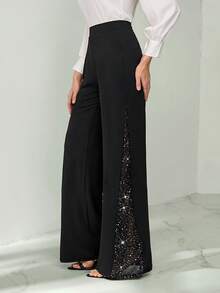 SHEIN Tall Ladies Elegant Mesh & Glitter Splice Black Slim Straight Leg Pants, Fit For Commuting, Casual And Daily Wear, Spring/Summer - Black - View 10