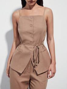 Aveloria Modichic Women's Suit Set,Khaki Summer Elegant Office Vintage Coin Beaded Belt Waist Cinching Linen-Like Fabric Vest Top & Straight Leg Suit Pants - Khaki - View 4