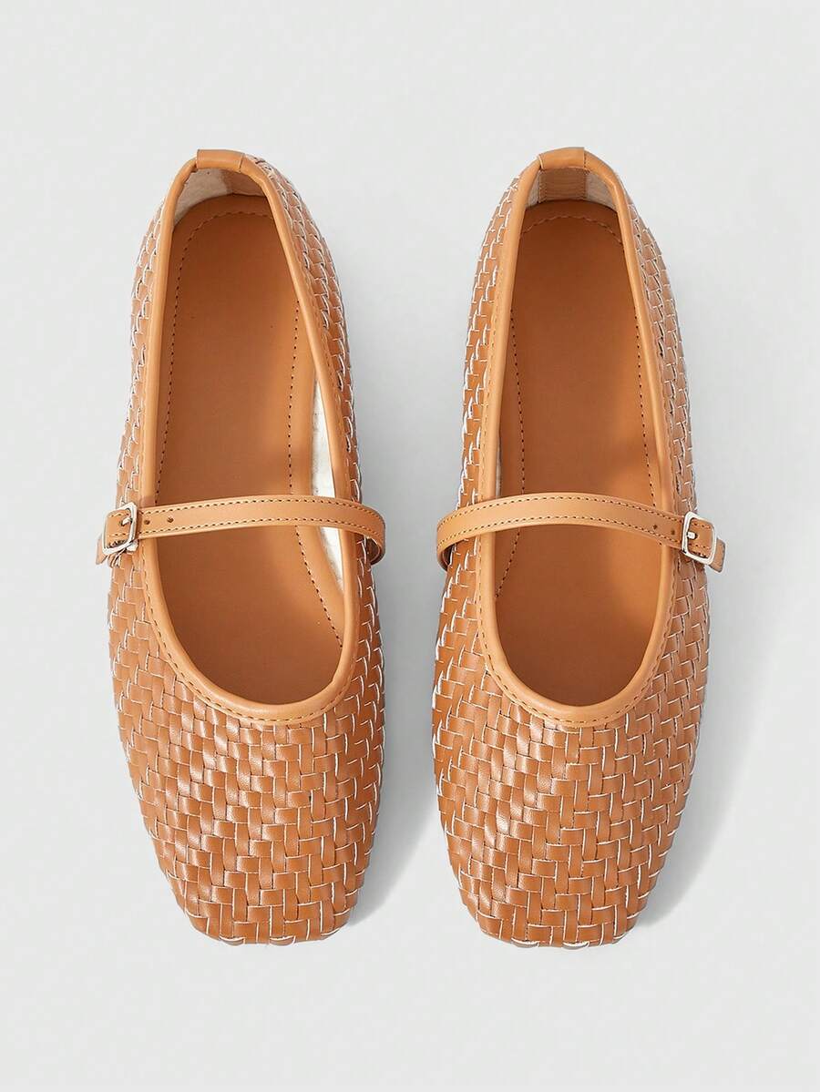 Sleekvia Women's New Fashion Woven Slip-On Flat-Bottomed Square Toe Shoes - Camel - View 1