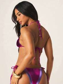 MISSGUIDED Metallic Purple Pink Halter Bikini Set With Gold Hardware Detail Two Piece Swimwear Triangle Top Side Tie Bottom Summer Beach - Multicolor - View 2