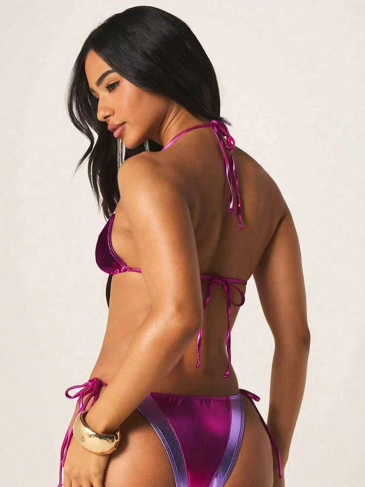 MISSGUIDED Metallic Purple Pink Halter Bikini Set With Gold Hardware Detail Two Piece Swimwear Triangle Top Side Tie Bottom Summer Beach