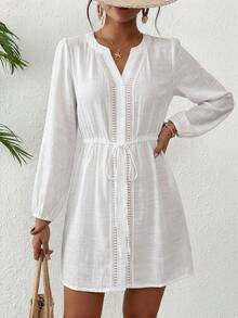 Swim Lushoire 女士夏季沙滩圆领前开襟长袖拼接镂空蕾丝抽绳腰带度假休闲和服连衣裙 - 白色 - 查看 8