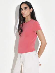 KSTM Women's Coral Pink Short Sleeve Fitted T-Shirt Casual Everyday Basic Top Crew Neck Regular Length Style - Redwood - View 4