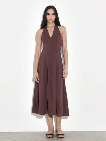 KSTM Women's Sleeveless Halter V-Neck Maxi Dress A-Line Midi Length Burgundy Wine Cocktail Evening Formal Occasion