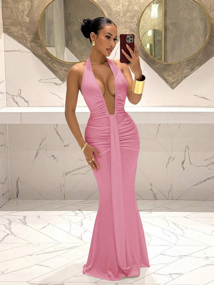 Slaydiva 2025新款优雅深V领美人鱼连衣裙，适合派对、生日、酒吧、夜店、情人节、万圣节、圣诞节等场合 - 棕色 - 粉色 - 查看 1