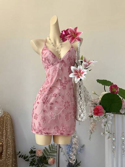 SuriyaCove Vestido de verano para mujer, sexy, romántico y elegante para citas, con cuentas, lentejuelas, flores, malla y tirantes finos con espalda descubierta