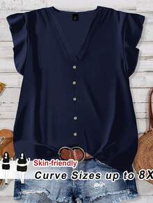 SHEIN CURVE+ 大码女式日常休闲度假V领黑色宽松衬衫，夏季度假外出上衣/秋冬季 - 寶藍色 - 查看 1