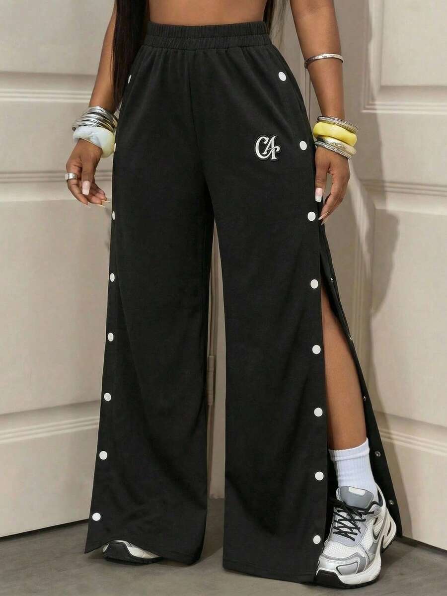 女童阔腿裤，蝴蝶结腰带，蝴蝶印花，时尚休闲运动裤，返校季，灰色 - 黑色 - 查看 1