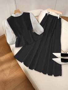 GlowEve CURVE Große Größen einfarbige Bluse mit bestickter Schleife und Passe, Langarm Business-Casual Elegant Regular, einfarbiger Taillenrock Business-Casual Elegant Regular, Frühling/Herbst Regular 2-Teiliges Set - Schwarz - Übersicht 2