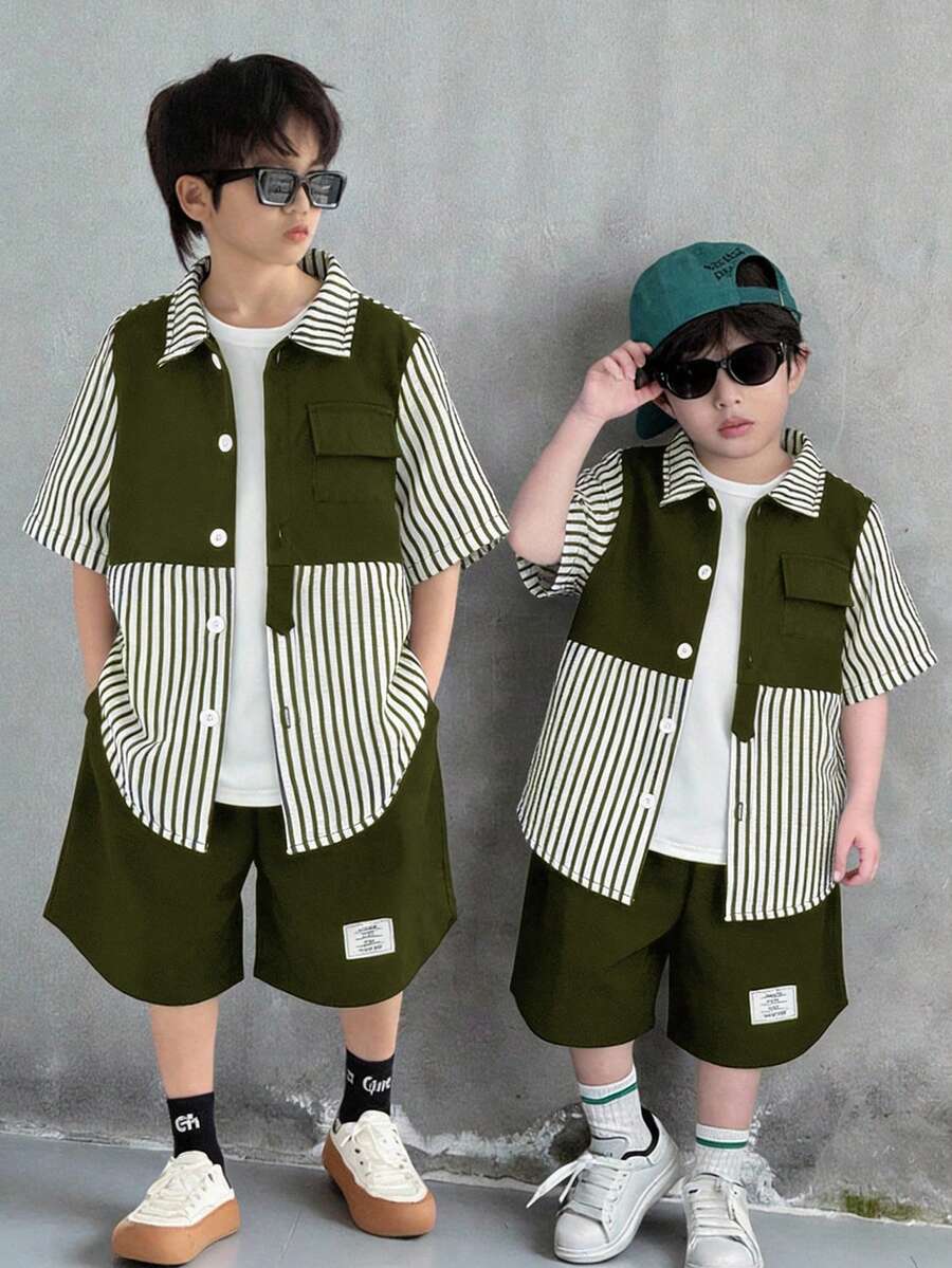 2pcs/Set Young Boys' Black & White Striped 2 In 1 Contrast Color Short Sleeve Shirt And Shorts Set, Suitable For Spring/Summer, Outings, Valentine's Day, Dates, Travel, Vacations, Family Gatherings, Back To School, Weddings, Galas, Sports, Birthday Parties - Army Green - View 1
