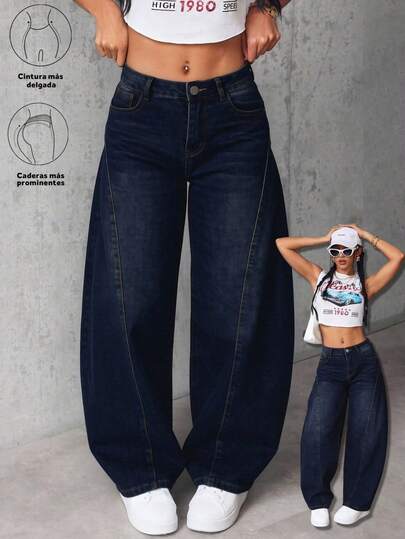 Jeans de corte Barrel con elasticidad de cintura media de color azul oscuro para mujer, pantalones que levantan las nalgas