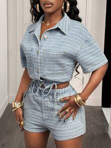 Slaydiva 大码夏季休闲抽绳下摆短款牛仔上衣 - 淺色水洗藍 - 查看 3