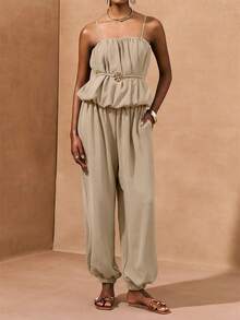 Zivah 2026春夏新款音乐节、复活节、圣帕特里克节、情人节、约会、西部风、游牧风、生日派对、毕业典礼、大学、学生、日常休闲、百搭、休闲、邮轮旅行、海滩、日光浴、热门单品、街头服饰、婚礼宾客、通勤、早午餐、机场、派对、假日郊游、办公装、带腰带的褶皱吊带背心、带口袋和束口裤腿的棕色两件套 - 杏色 - 查看 7