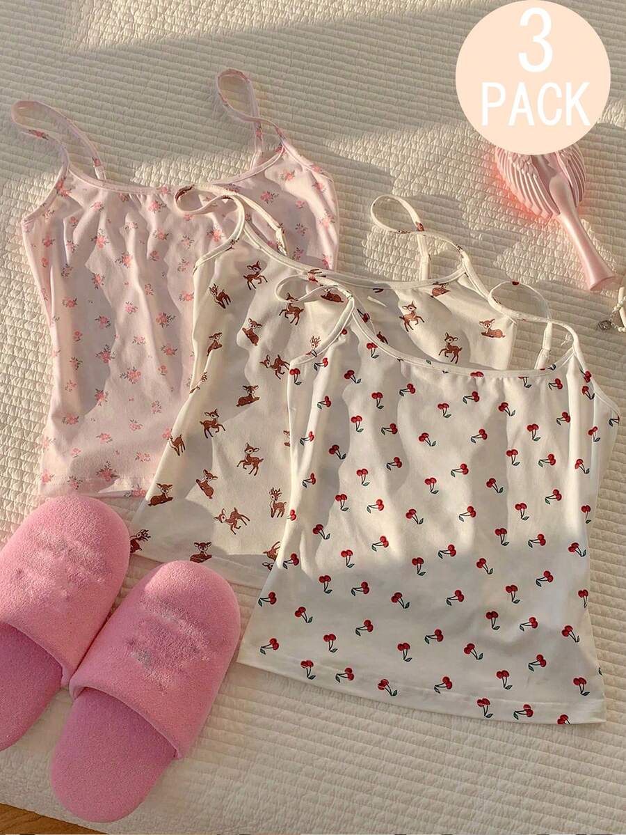 3件套少女吊带背心，粉色、白色、樱桃红、小鹿图案、碎花，适合夏季、户外、海滩、度假穿着，舒适百搭，乡村风格。 - 彩色 - 查看 1